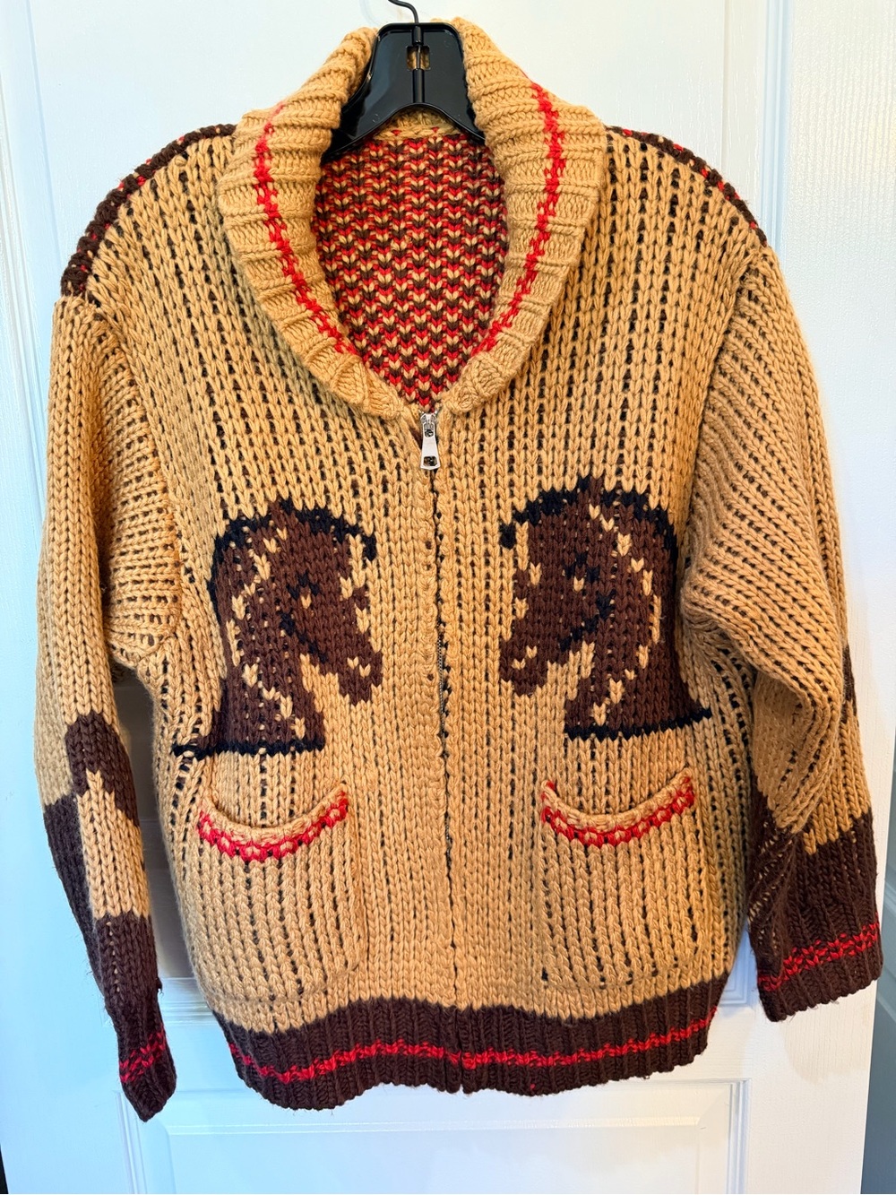 Vintage Shawl Collar Zip Sweater Cardigan with Brown Horse Motif